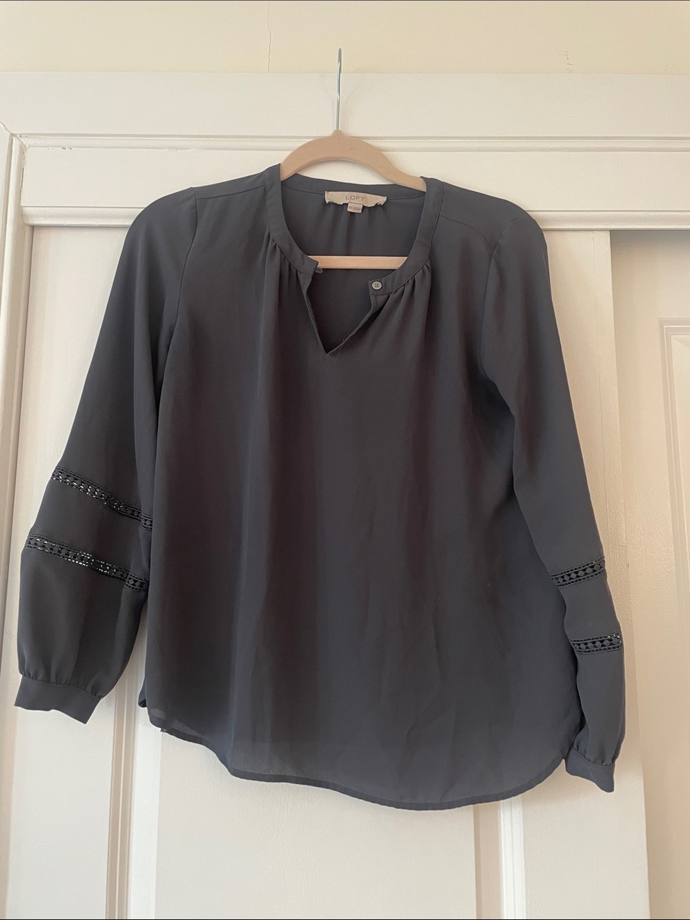 LOFT Charcoal Gray Split-Neck Blouse with Ladder Trim